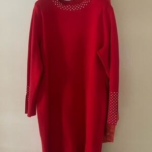 Red Long-Sleeve Shift Dress with Studded Neckline and Cuff Detail